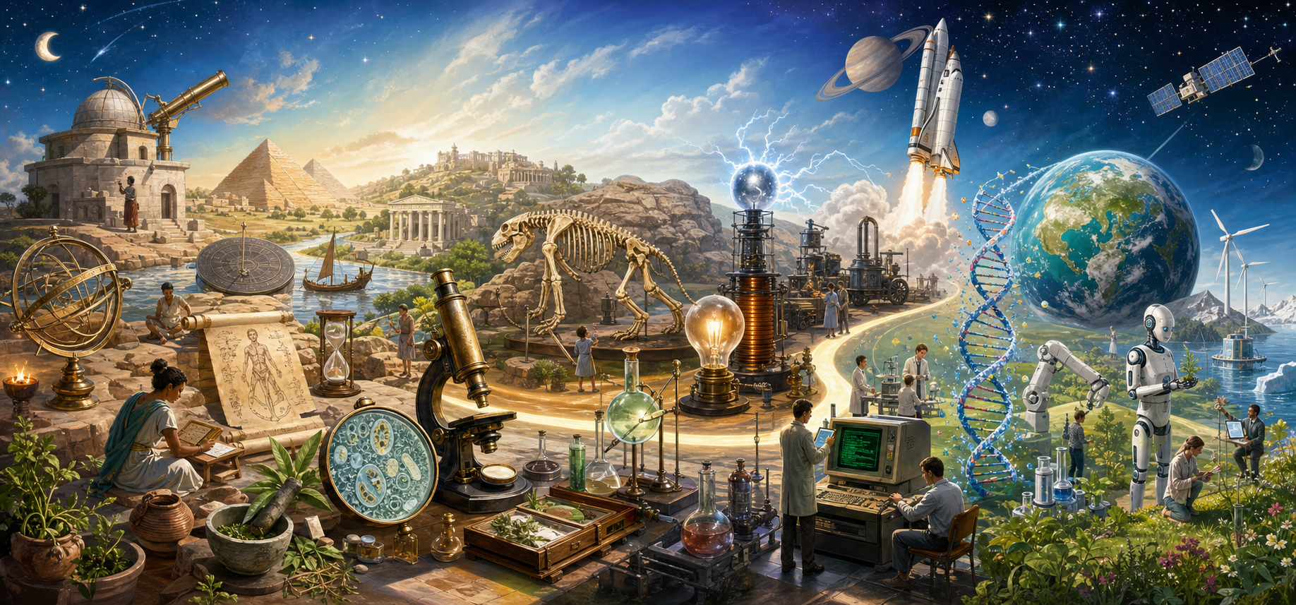 A visual timeline of scientific discovery from ancient astronomy to spaceflight and modern laboratories
